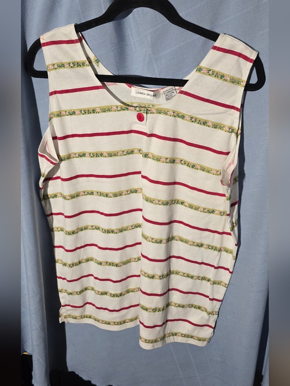 Lauren Brooke Striped Sleeveless Top with Red And Floral Accents